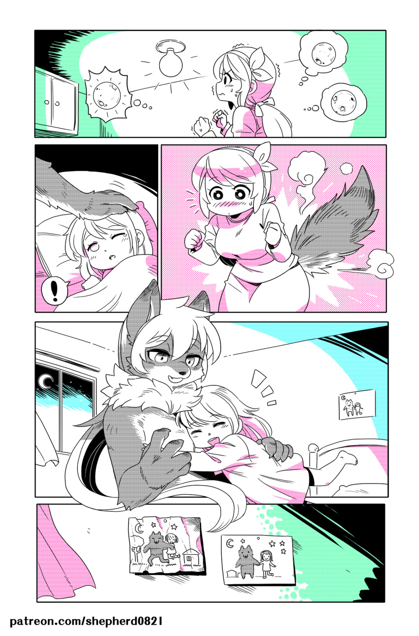 !, 2girls, animal_ears, barefoot, bed, blanket, blush, breasts