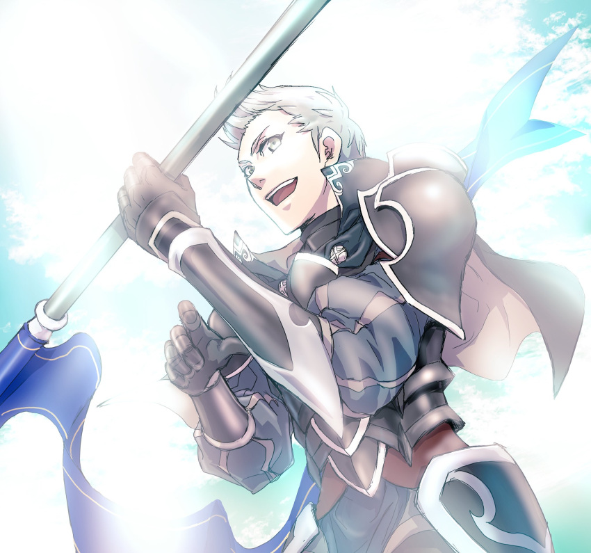 1boy, armor, blue_eyes, blue_hair, cape, fire_emblem, fire_emblem_if, flag