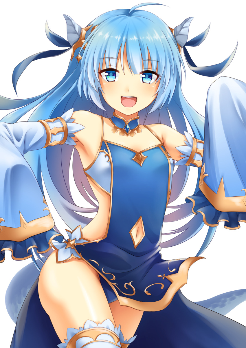 1girl, :d, absurdres, ahoge, armpits, backless_outfit, bangs, bare_shoulders