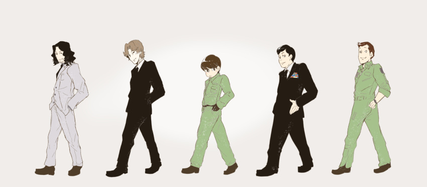 5boys, black_eyes, black_footwear, black_gloves, black_hair, black_pants, black_suit, brown_eyes, brown_footwear, brown_hair, formal, gloves, grey_suit, hand_on_hip, hands_in_pockets, highres, hiroki_ikushima, hiroshi_sosoda, hisone_to_masotan, iiboshi_(hisomaso), looking_at_viewer, male_focus, medium_hair, military, military_uniform, multiple_boys, okonogi_haruto, pants, shoes, simple_background, smile, standing, suit, uniform, xx44xx, yutaka_zaito