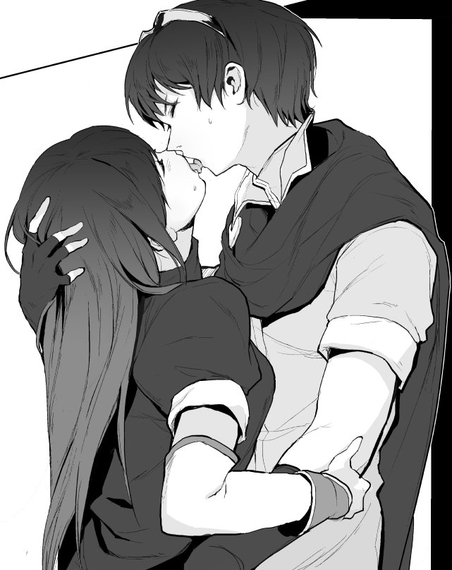 1boy, 1girl, armor, blush, cape, couple, dress, elbow_gloves, fingerless_gloves, fire_emblem, fire_emblem:_mystery_of_the_emblem, fire_emblem:_shin_monshou_no_nazo, gloves, husband_and_wife, intelligent_systems, kiss, long_hair, marth, messatsu_tan, monochrome, multiple_girls, nintendo, open_mouth, pegasus_knight, sheeda, smile, tongue, tongue_kiss