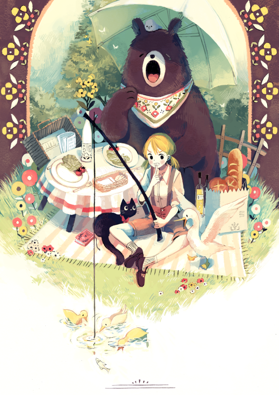 1girl, animal, animal_on_head, bag, baguette, bear, bird, bird_on_head