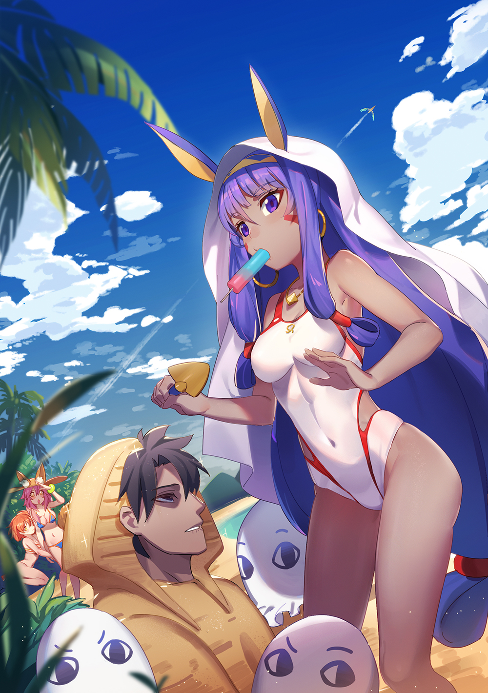 1boy, 3girls, animal_ears, beach, bikini, blue_bikini, blue_sky, breasts, condensation_trail, covered_navel, dark_skin, day, dutch_angle, earrings, eyebrows_visible_through_hair, facial_mark, fate/grand_order, fate_(series), food, fox_ears, fujimaru_ritsuka_(female), fujimaru_ritsuka_(male), hair_tubes, hand_holding, hat, highres, hood, hoodie, hoop_earrings, jewelry, long_hair, low-tied_long_hair, medium_breasts, medium_hair, medjed, multiple_girls, nitocris_(fate/grand_order), nitocris_(swimsuit_assassin)_(fate), orange_hair, outdoors, pg_(pgouwoderen), popsicle, purple_hair, shaded_face, shovel, sidelocks, sky, sparkle, sun_hat, swimsuit, tamamo_(fate)_(all), tamamo_no_mae_(swimsuit_lancer)_(fate), very_long_hair, vimana, violet_eyes, white_swimsuit