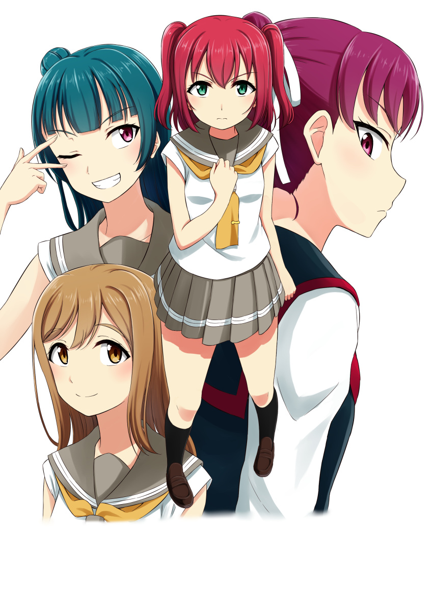 4girls, absurdres, blue_hair, hand_on_own_chest, highres, kazuno_leah, kunikida_hanamaru, kurosawa_ruby