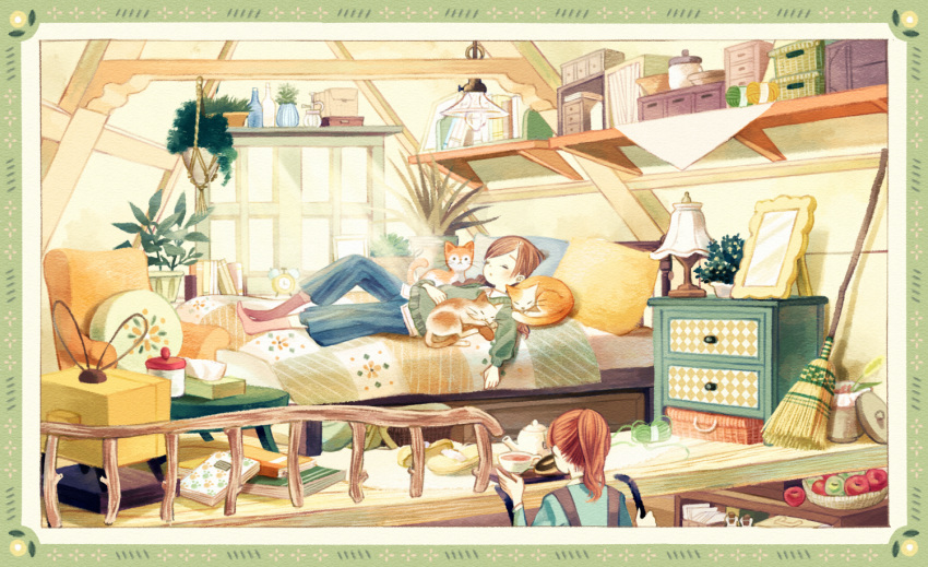 2girls, analog_clock, apple, armchair, bed, blue_pants, book, border
