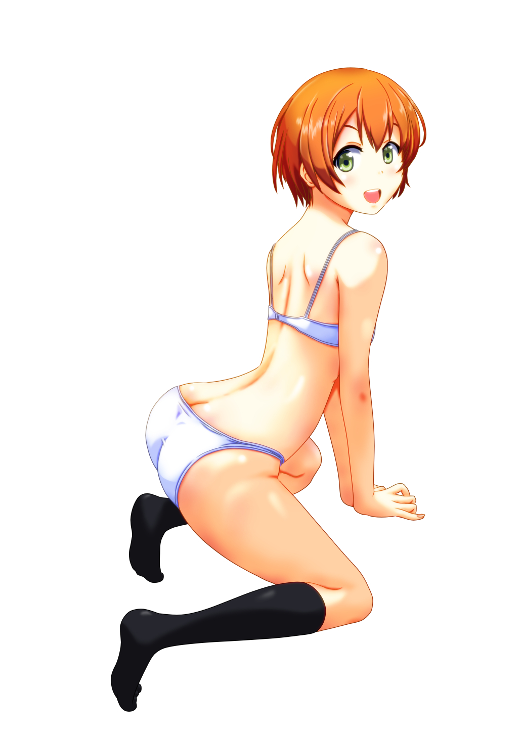 1girl, :d, all_fours, ass, back, blush, bra, butt_crack