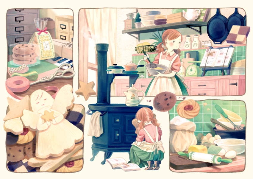1girl, angel, apron, bag, blush, book, bottle, butter, checkerboard_cookie, chest_of_drawers, chocolate_chip_cookie, coffee_grinder, collared_shirt, commentary_request, cookie, cooking, curtains, cutting_board, egg, flour, food, from_behind, frying_pan, green_skirt, holding, indoors, jam_cookie, kitchen, kitchen_scale, looking_away, low_twintails, medium_hair, mixing, mixing_bowl, multiple_views, open_book, orange_hair, original, oven, pink_shirt, plastic_bag, pot, ribbon, rolling_pin, scissors, shelf, shirt, skirt, somemachi, squatting, star, stove, teapot, thumbprint_cookie, twintails, weighing_scale, whisk, window