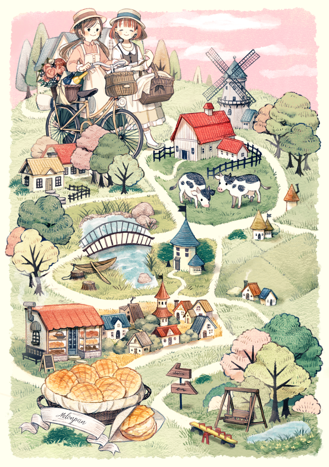 2girls, ^_^, animal, apron, bakery, basket, bicycle, boat