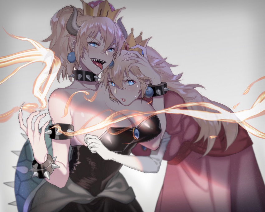 2girls, a821, armlet, bare_shoulders, blonde_hair, blue_earrings, blue_eyes, bowsette
