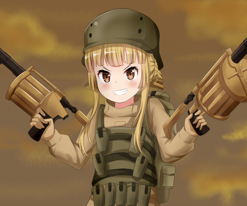 1girl, bangs, blonde_hair, blurry, blurry_background, blush, brown_eyes, brown_gloves