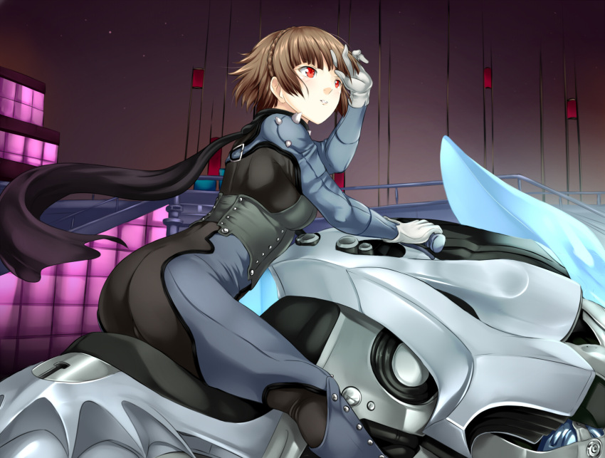 1girl, ass, bangs, biker_clothes, bodysuit, braid, brown_hair, buttons