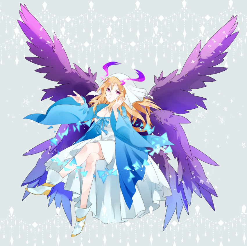 1girl, angel_wings, blonde_hair, blue_kimono, breasts, collarbone, floral_print, hair_ornament