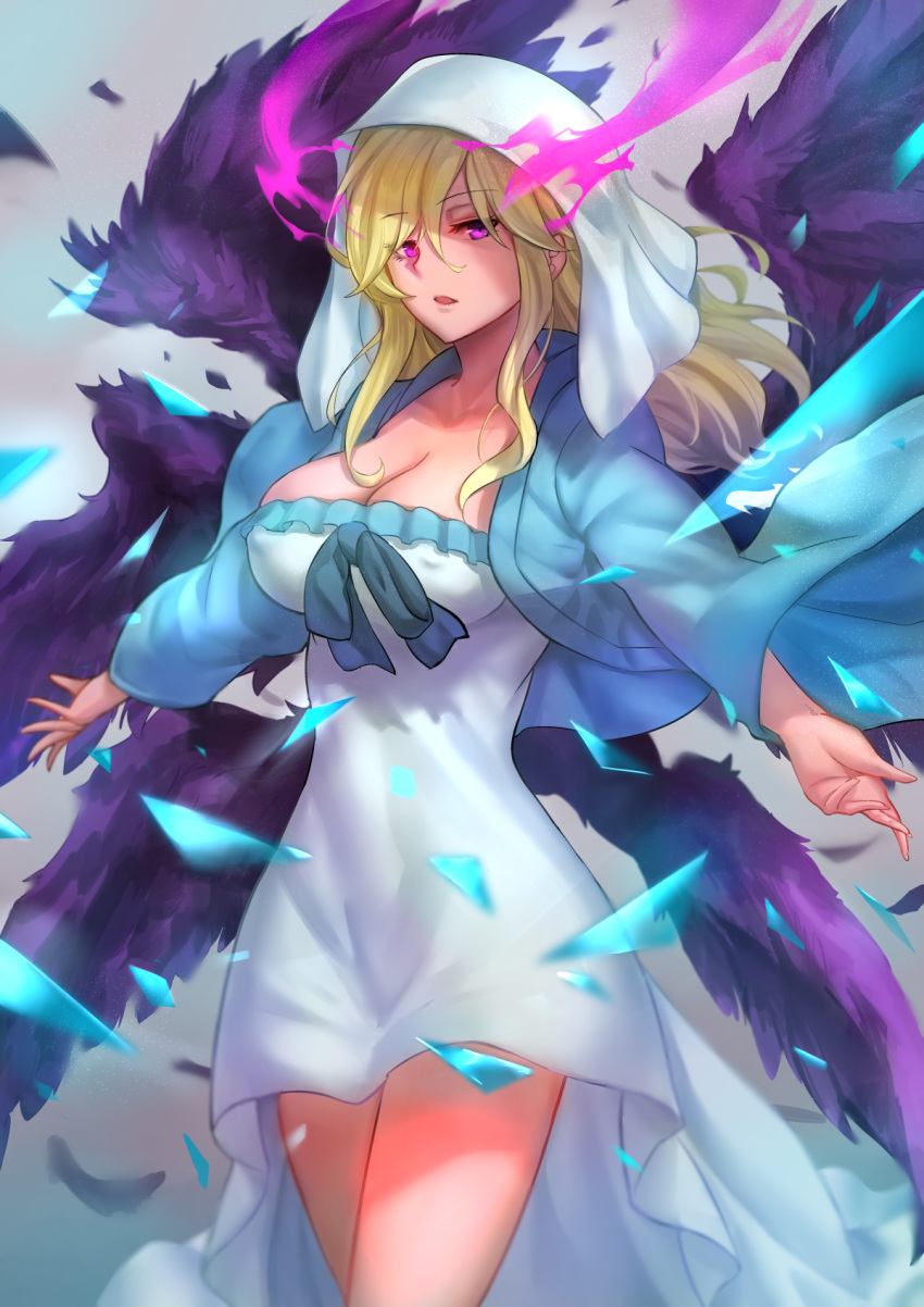 1girl, angel_wings, blonde_hair, blue_kimono, breasts, cleavage, floral_print, hair_ornament