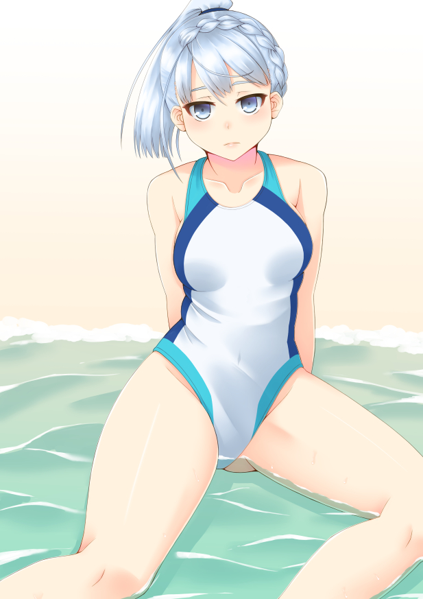 1girl, :|, ass_visible_through_thighs, beach, braid, breasts, closed_mouth, covered_navel