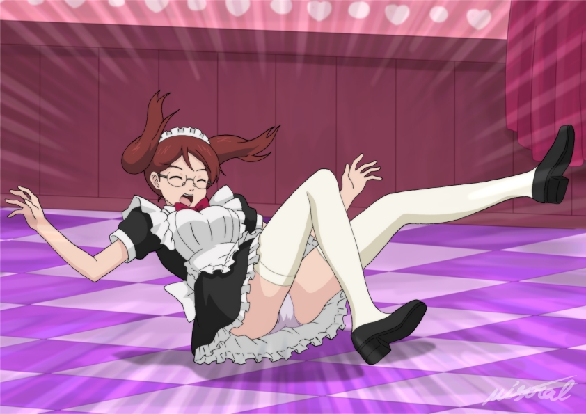 1girl, :o, alternate_costume, artist_name, black_footwear, breasts, brown_hair, closed_eyes
