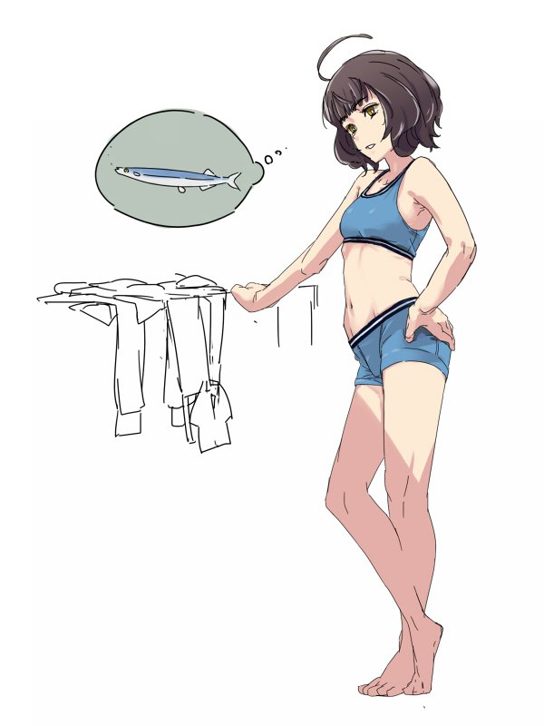 1girl, ahoge, bangs, barefoot, blue_bra, blue_shorts, blunt_bangs, bra