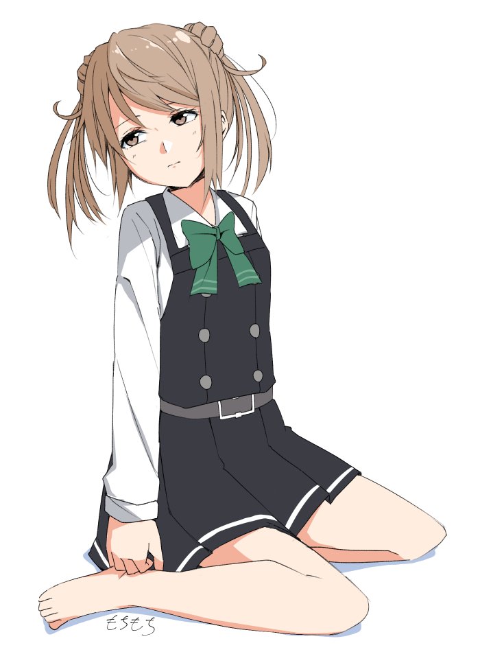 1girl, against_wall, barefoot, belt, bow, bowtie, double_bun, dress