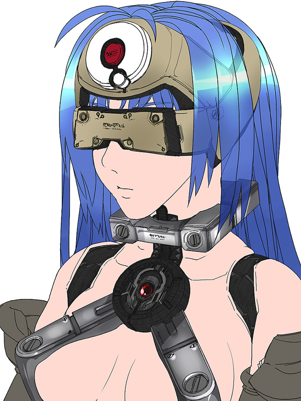 1girl, android, blue_hair, breasts, cleavage, closed_mouth, commentary_request, cyborg