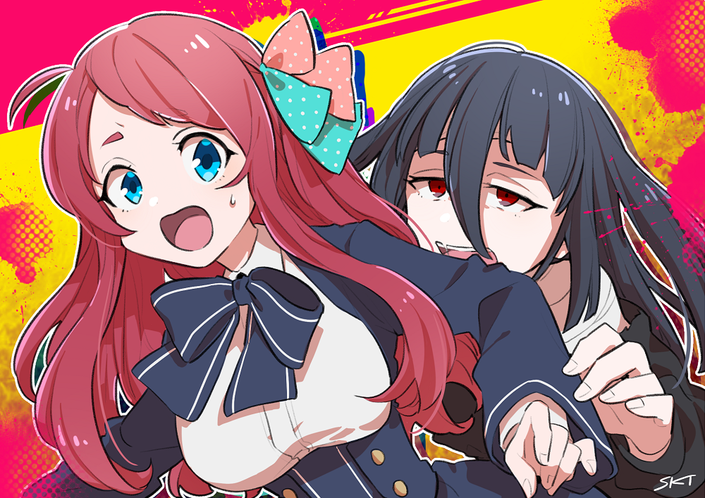 black_hair, blue_eyes, bow, hair_bow, long_hair, minamoto_sakura_(zombieland_saga), pink_hair, red_eyes