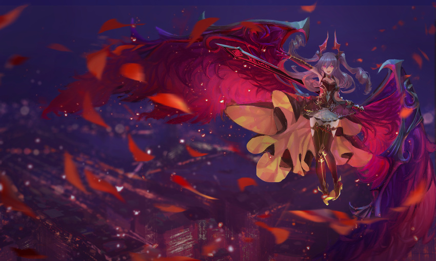 >:d, 1girl, alternate_costume, asymmetrical_gloves, boots, city, dress, drill_hair