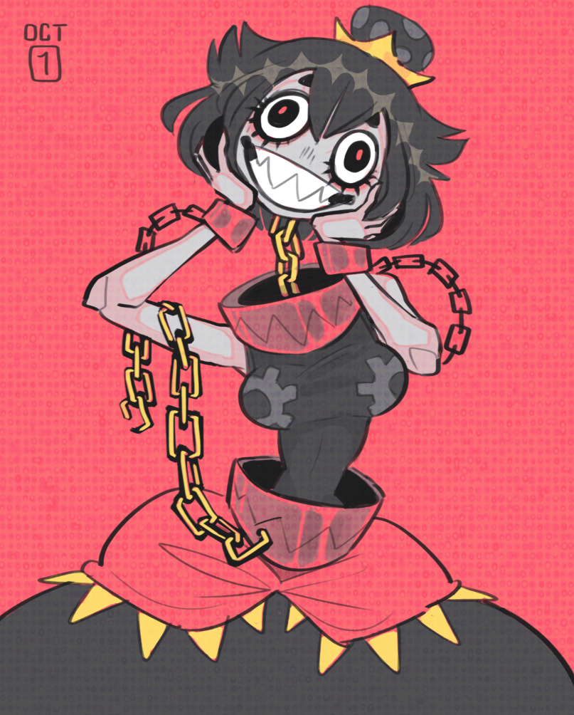 1girl, bad_anatomy, black_dress, black_hair, bracelet, broken, broken_chain, chain