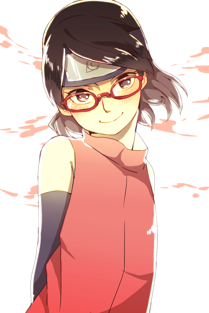 1girl, arms_behind_back, black_eyes, black_hair, blush, boruto:_naruto_next_generations, detached_sleeves, forehead_protector, glasses, highres, looking_at_viewer, mizuto_(o96ap), naruto_(series), red-framed_eyewear, short_hair, smile, solo, uchiha_sarada, upper_body, white_background