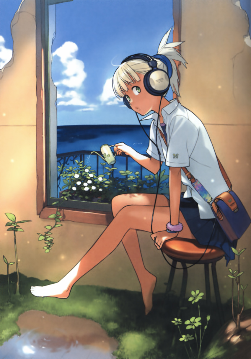 absurdres, bag, barefoot, blonde_hair, feet_in_water, green_eyes, headphones, highres