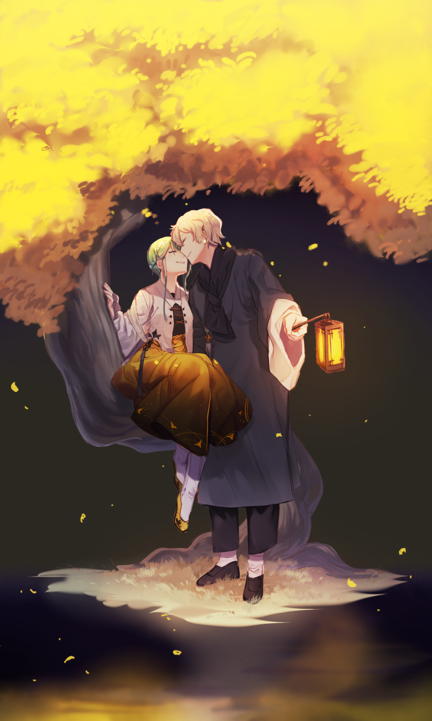1boy, 1girl, absurdres, black_background, black_footwear, black_pants, blonde_hair, braid