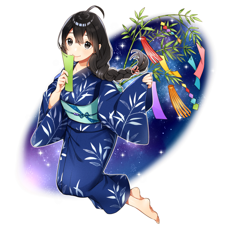 1girl, ahoge, barefoot, black_eyes, black_hair, blue_kimono, braid, brown_hair