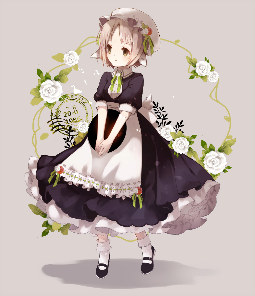 1girl, animal_ears, apron, bangs, black_dress, black_footwear, blush, bobby_socks