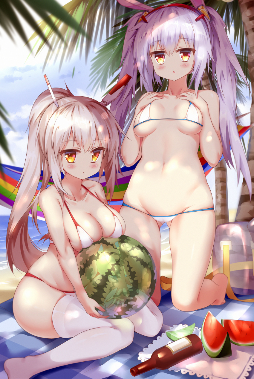 2girls, absurdres, animal_ears, ayanami_(azur_lane), azur_lane, ball, beach, beachball, bikini, blonde_hair, blush, bottle, breasts, cafe_pretor, day, fake_animal_ears, food, fruit, gluteal_fold, hairband, hammock, hands_on_own_chest, highres, kneeling, laffey_(azur_lane), large_breasts, long_hair, looking_at_viewer, medium_breasts, multiple_girls, navel, orange_eyes, palm_tree, parted_lips, ponytail, silver_hair, sitting, skindentation, swimsuit, thigh-highs, tree, twintails, wariza, watermelon, watermelon_beachball, white_bikini, white_legwear