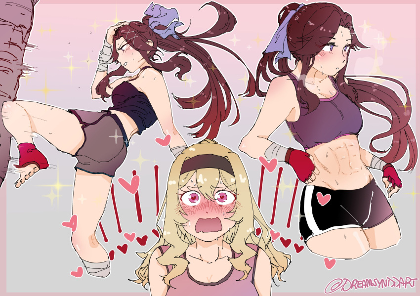 2girls, abs, alternate_universe, artist_request, blue_eyes, blush, brown_hair, fingerless_gloves