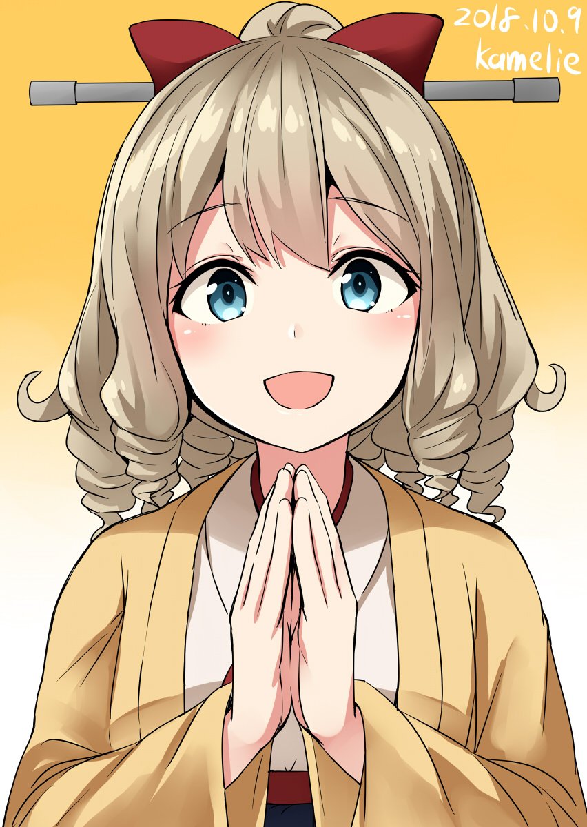 1girl, :d, artist_name, blue_eyes, dated, drill_hair, furisode, gradient