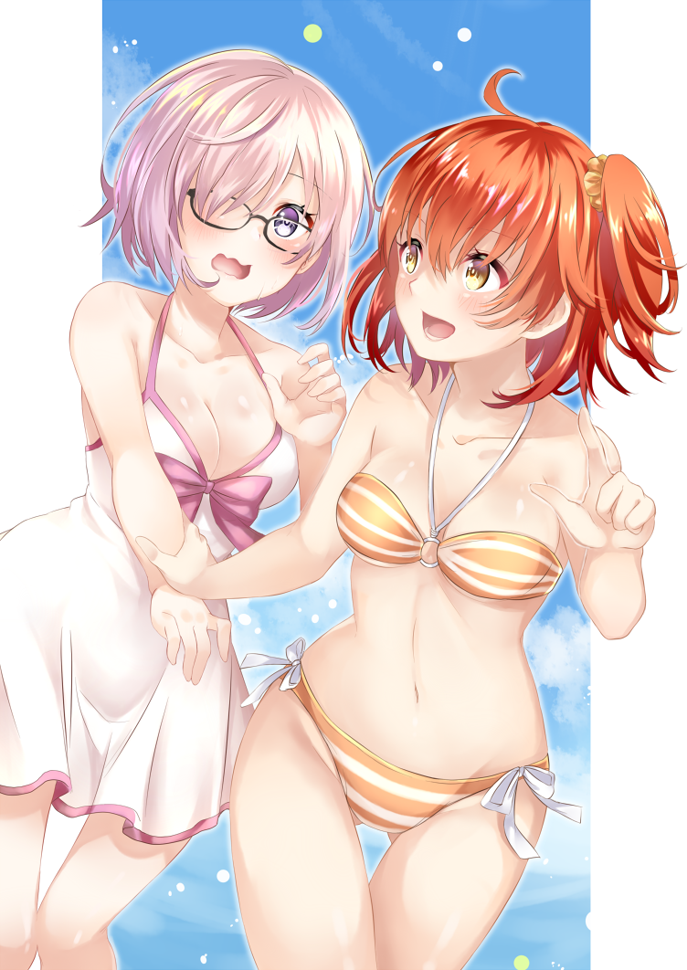 2girls, :d, ahoge, bangs, bare_arms, bare_shoulders, bikini, black-framed_eyewear