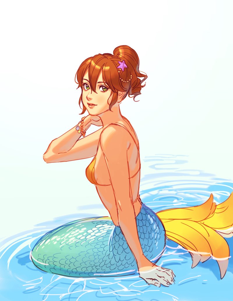 1girl, bikini, brown_hair, fins, green_eyes, head_fins, long_hair, looking_at_viewer, mella, mermaid, monster_girl, monsterification, octopath_traveler, scales, short_hair, simple_background, smile, swimsuit, tressa_(octopath_traveler), water