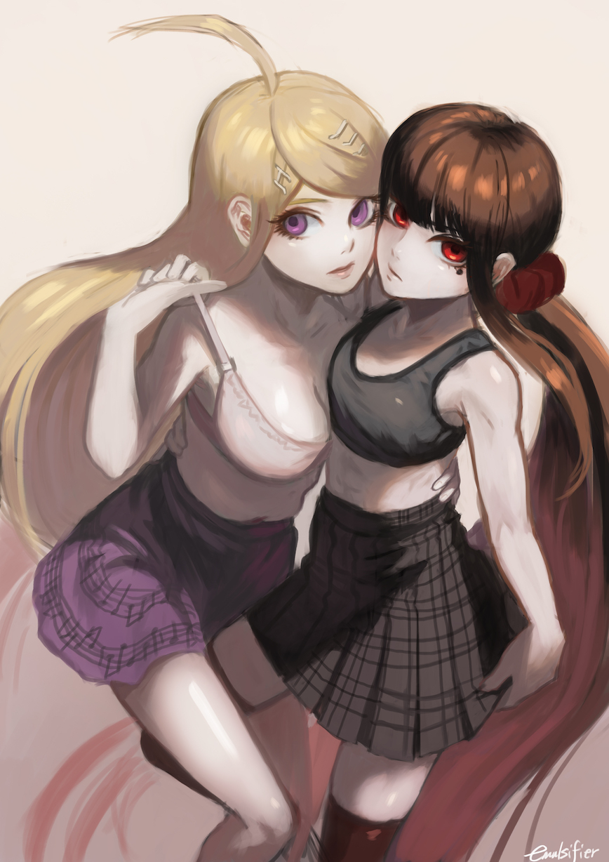 2girls, ahoge, akamatsu_kaede, asymmetrical_docking, bangs, black_legwear, black_skirt, black_sports_bra