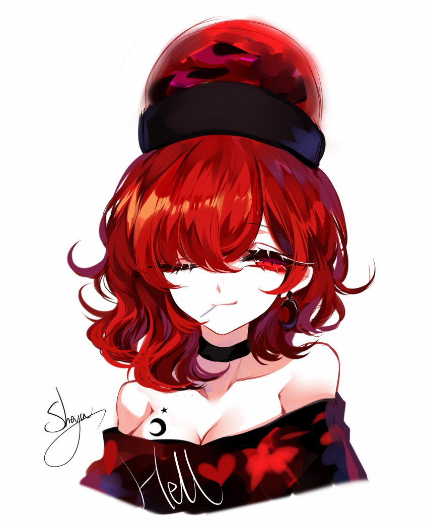 1girl, ;), absurdres, artist_name, bare_shoulders, black_choker, black_shirt, breast_tattoo