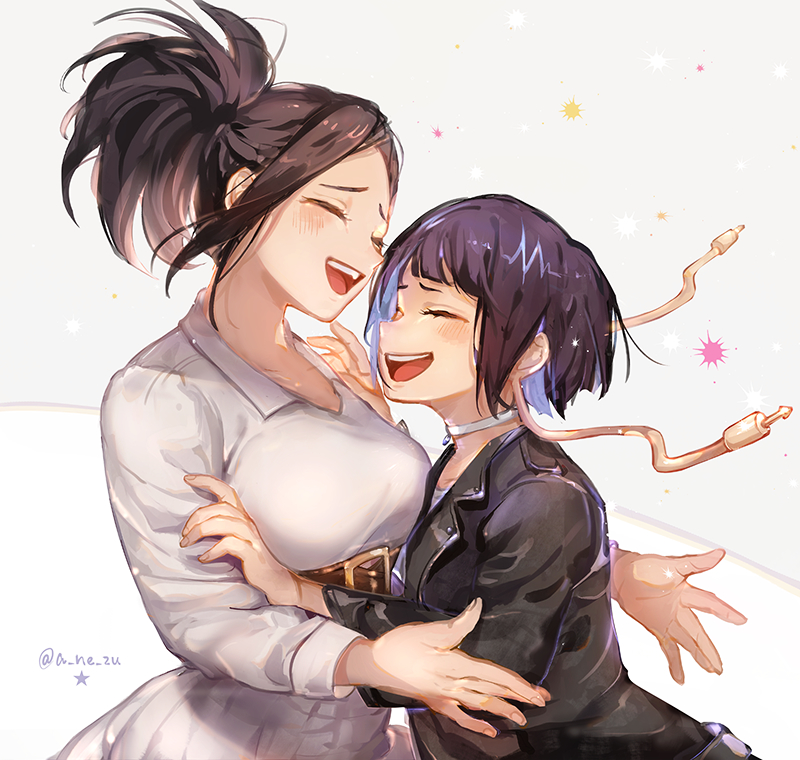 2girls, anezu, black_hair, blue_hair, blush, boku_no_hero_academia, breasts, casual, choker, closed_eyes, coat, happy, jacket, jirou_kyouka, long_sleeves, medium_breasts, multiple_girls, open_mouth, smile, tied_hair, yaoyorozu_momo