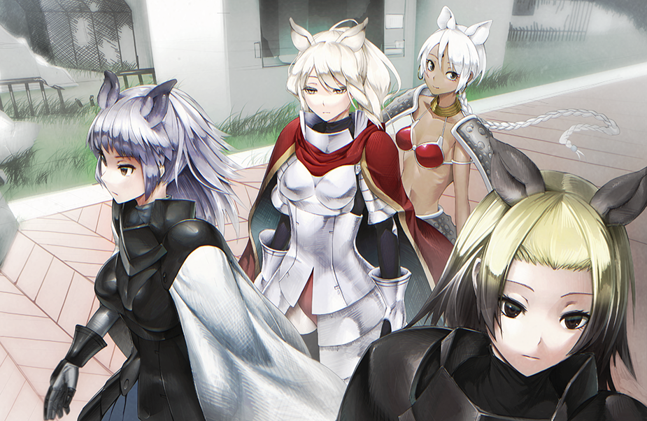 4girls, allen_(xashon), animal_ears, arm_strap, armor, armored_leotard, bikini_armor, black_armor