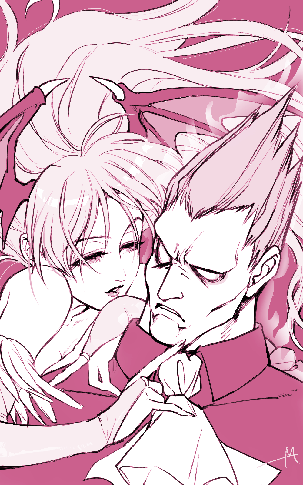 1boy, 1girl, ascot, bare_shoulders, bridal_gauntlets, close-up, demitri_maximoff, demon_wings, half-closed_eyes, hand_on_another's_shoulder, head_wings, highres, index_finger_raised, light_smile, mizu_(rain-mbdn), monochrome, morrigan_aensland, no_pupils, parted_lips, pink, signature, spiky_hair, vampire_(game), wings