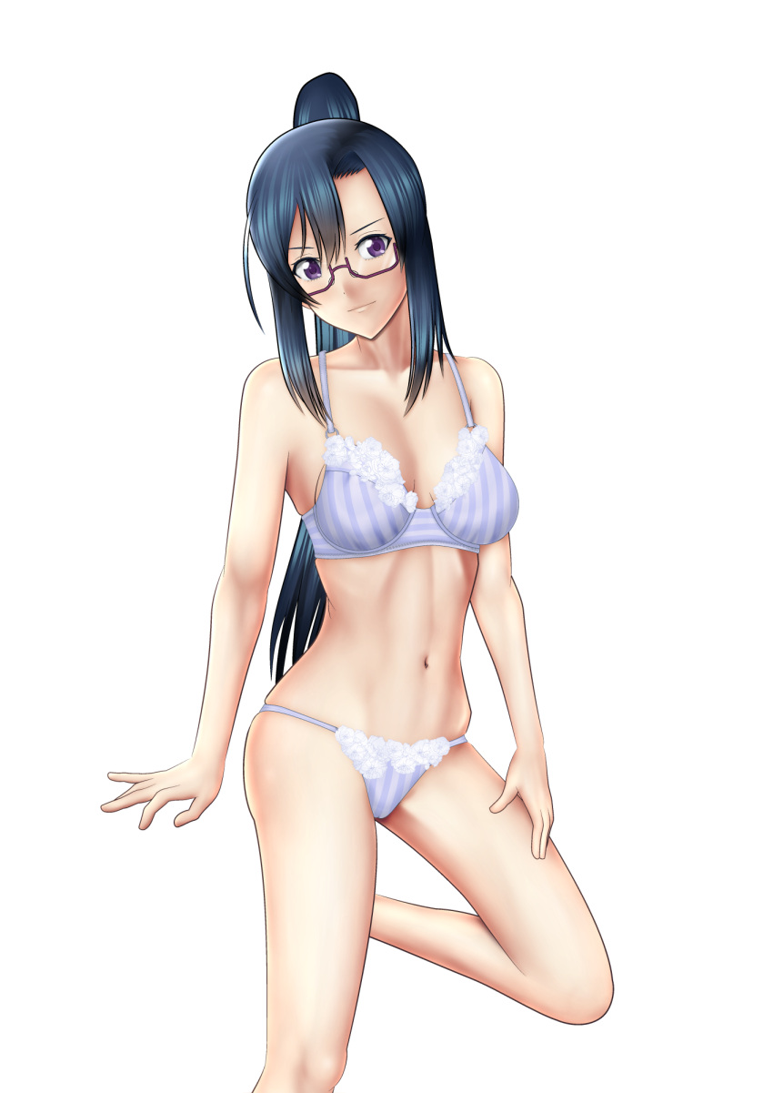 1girl, asymmetrical_bangs, bangs, black-framed_eyewear, black_hair, bra, breasts, closed_mouth