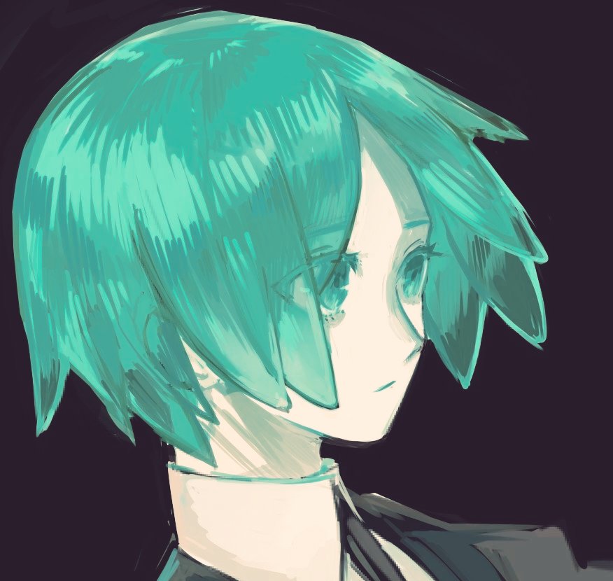1other, androgynous, aqua_eyes, aqua_hair, colored_eyelashes, eyes_visible_through_hair, face, green_eyes