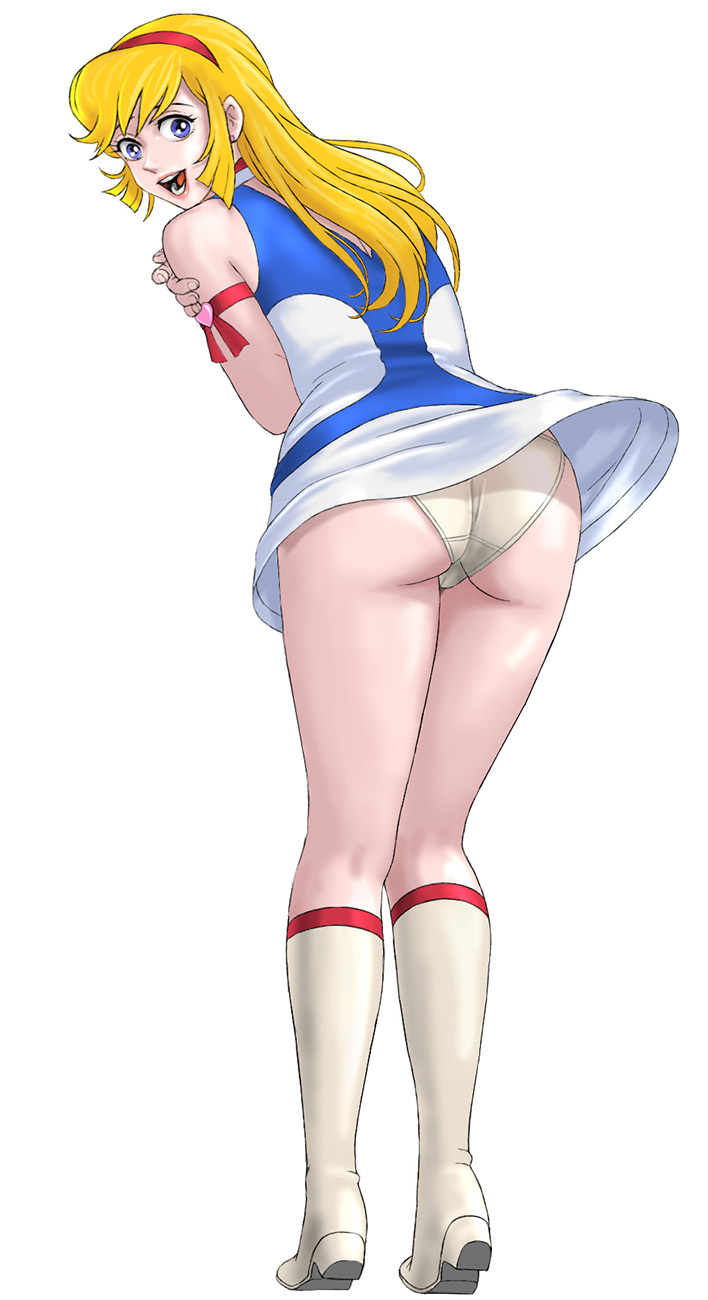 1girl, armlet, ass, ass_visible_through_thighs, bangs, blonde_hair, blue_eyes, boots