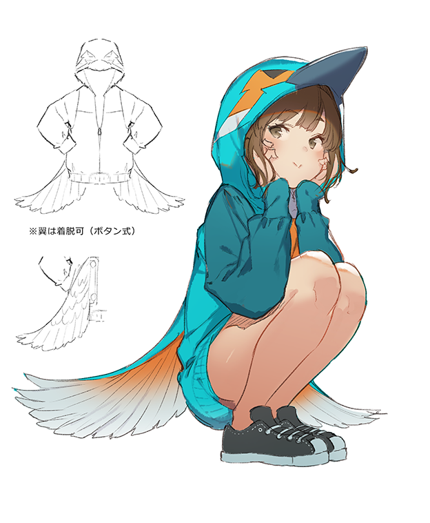 1girl, :>, bangs, bare_legs, bird_hood, black_footwear, blunt_bangs, blush