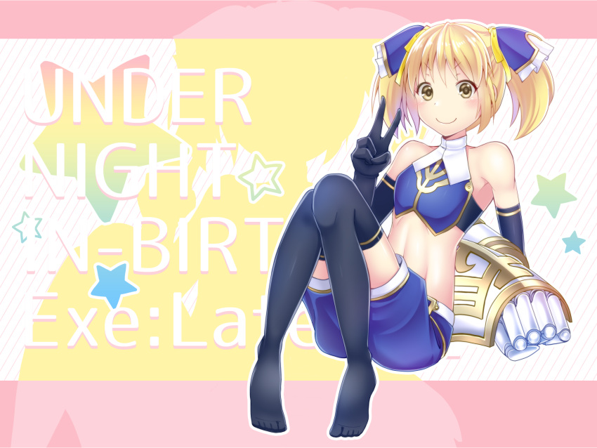 1girl, abs, armored_gloves, blonde_hair, blue_bow, blue_skirt, bow, flat_chest