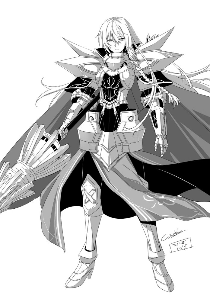 1girl, arianrhod_(eiyuu_densetsu), armor, armored_boots, armored_dress, artist_name, boots, braid
