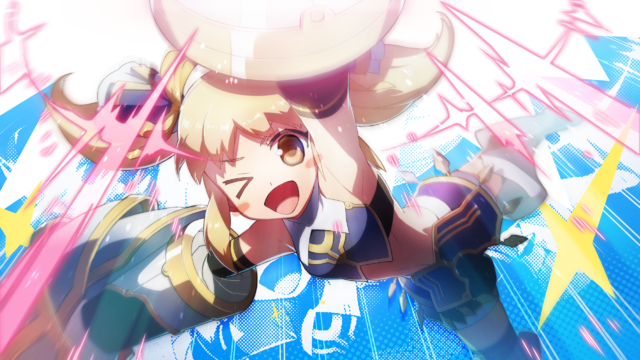 1girl, ;d, armored_gloves, bare_shoulders, blonde_hair, collar, dudou, flat_chest