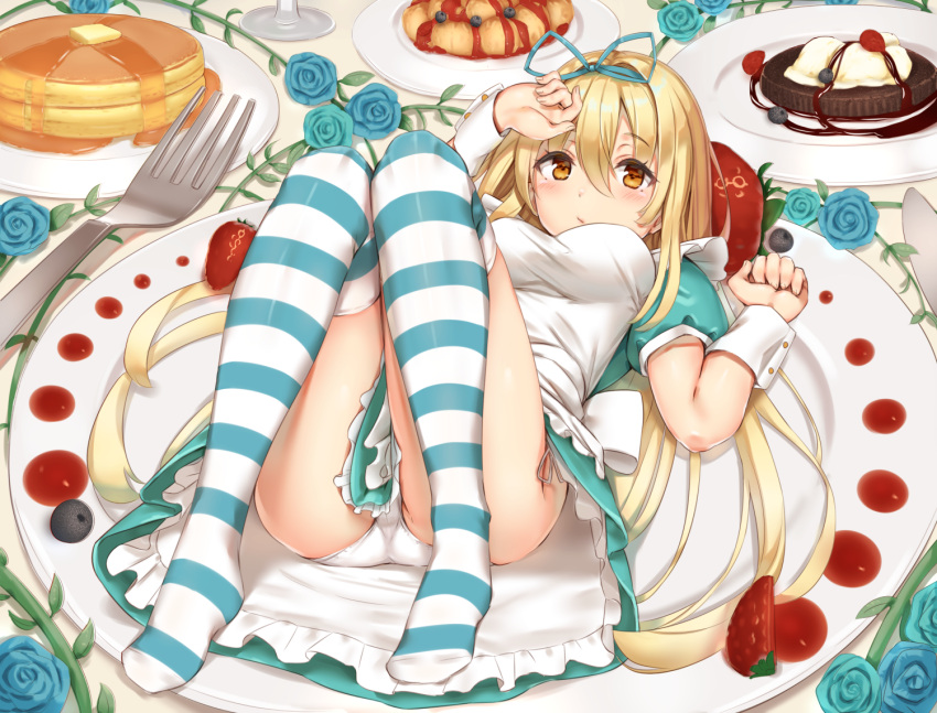 1girl, apron, ass, blonde_hair, blue_dress, blue_flower, blue_hairband, blue_rose