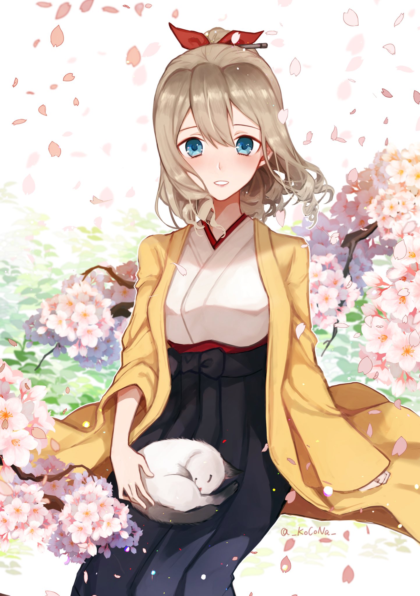 1girl, blue_eyes, breasts, brown_hair, cat, cat_on_lap, cherry_blossoms, drill_hair