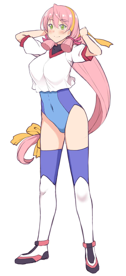 1girl, akashi_(kantai_collection), battle_athletes, breasts, commentary_request, cosplay, full_body, green_eyes